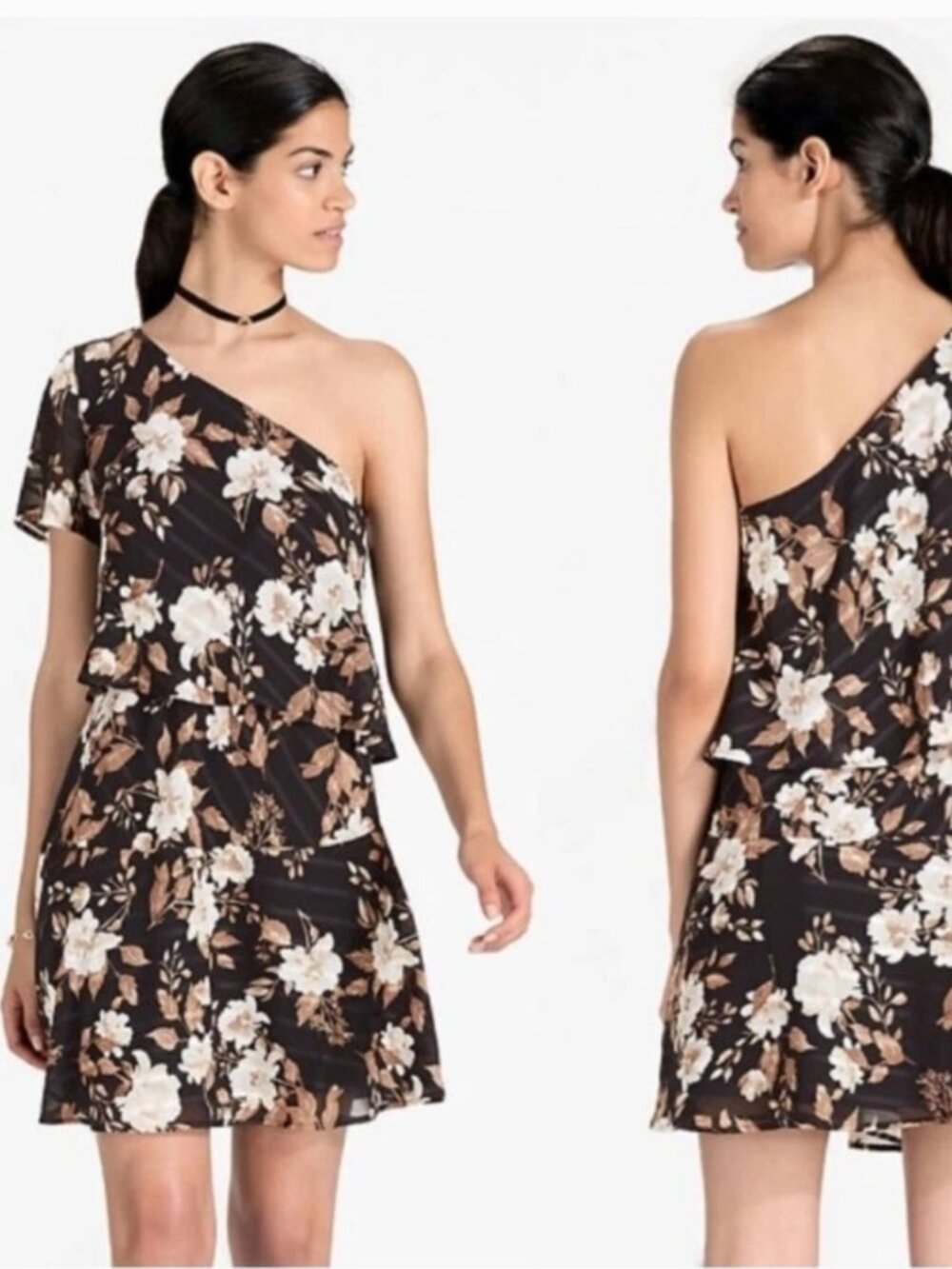 Lucky Brand Botanical Ruffle One-Shoulder Dress Chiffon Mini Lining Black Size L